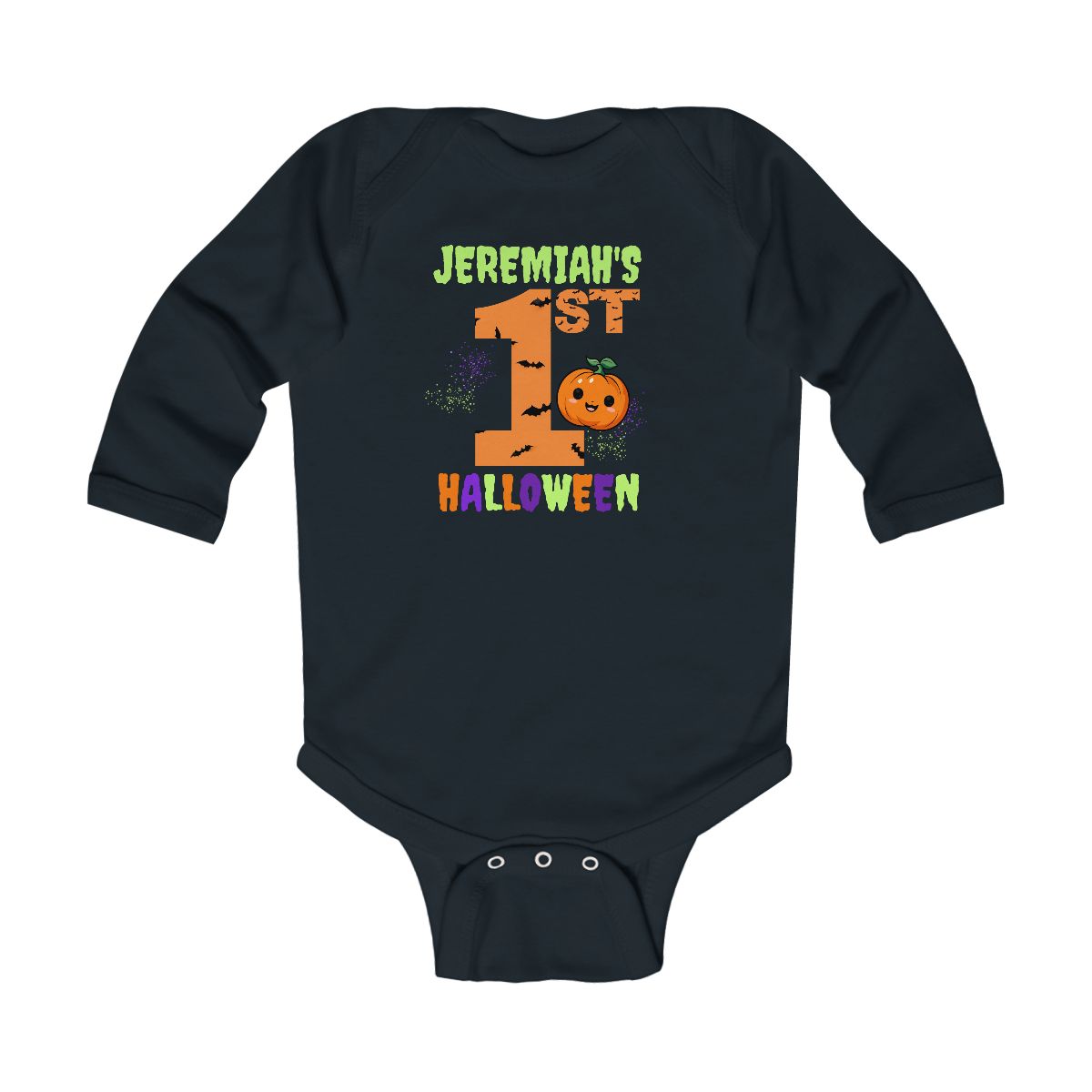 Personalized Baby’s 1st Halloween Long-Sleeve Onesie – Custom Name Pumpkin Bodysuit | Infant Fall Outfit & Photo Prop