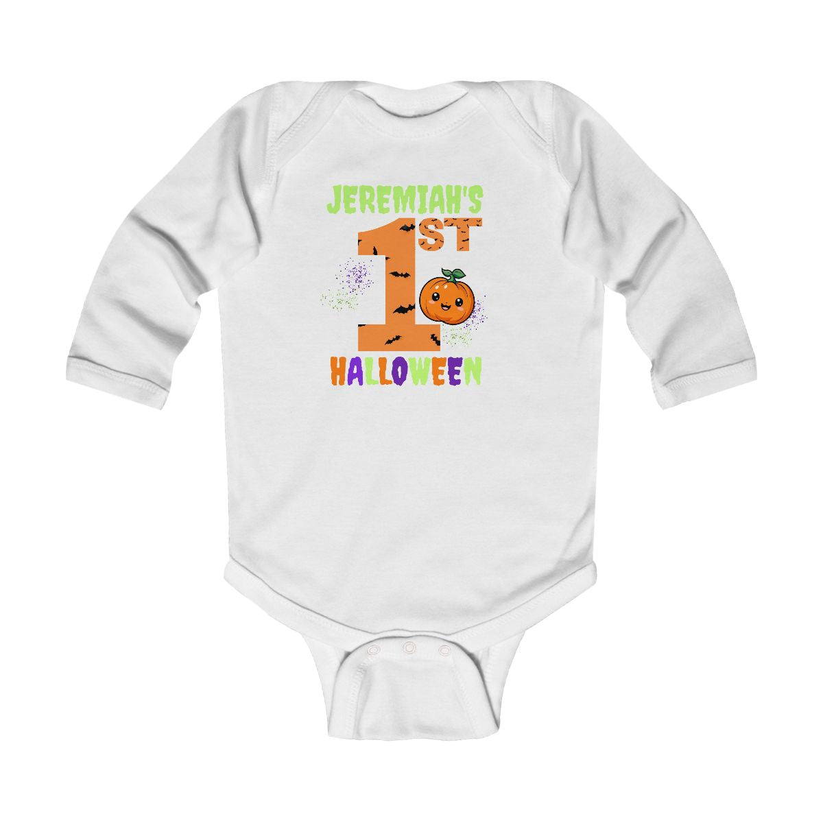 Personalized Baby’s 1st Halloween Long-Sleeve Onesie – Custom Name Pumpkin Bodysuit | Infant Fall Outfit & Photo Prop