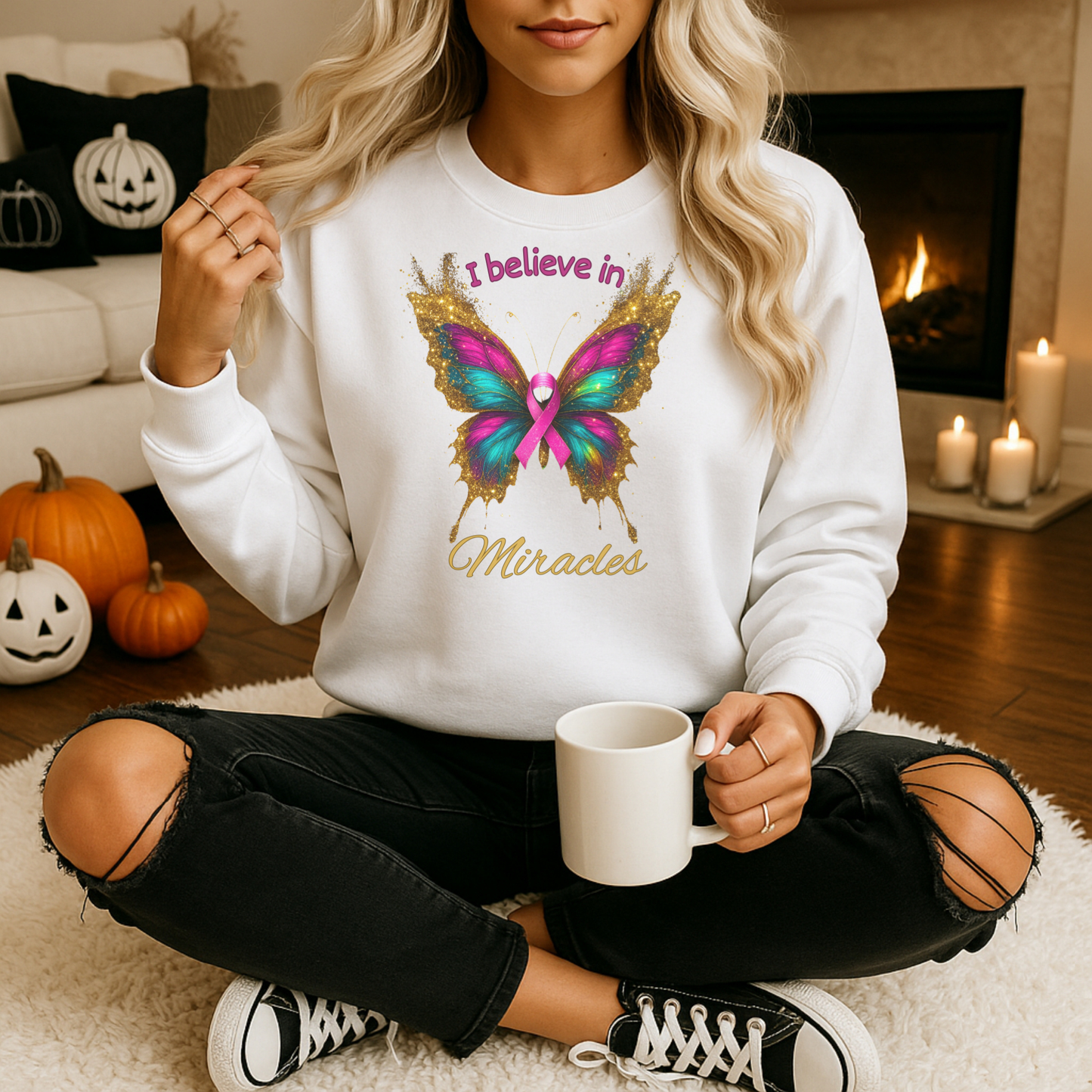 Uplifting pink-ribbon butterfly sweatshirt for faith, hope, and support. Cozy unisex fit—perfect gift for survivors, supporters, and Wear Pink season.