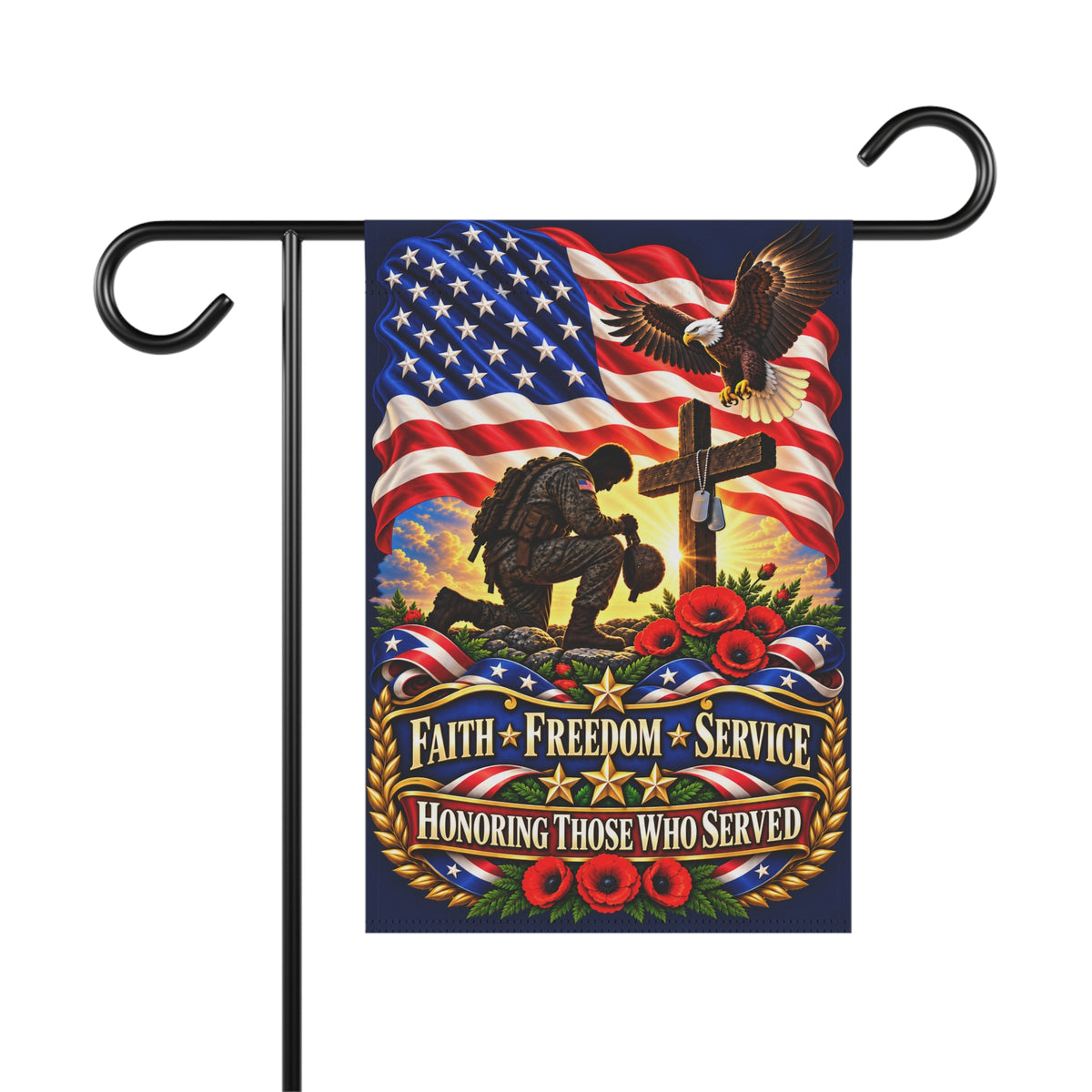 Memorial Military Garden Banner — "Faith • Freedom • Service" Patriotic Tribute