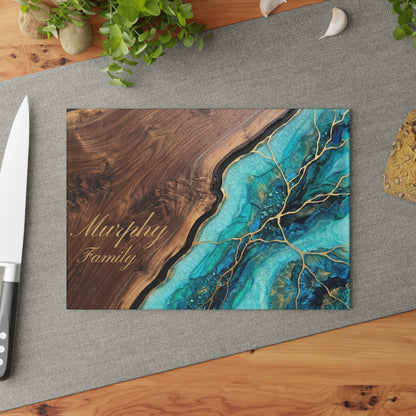 Personalized Teal Agate Glass Cutting Board - Custom Family Name
