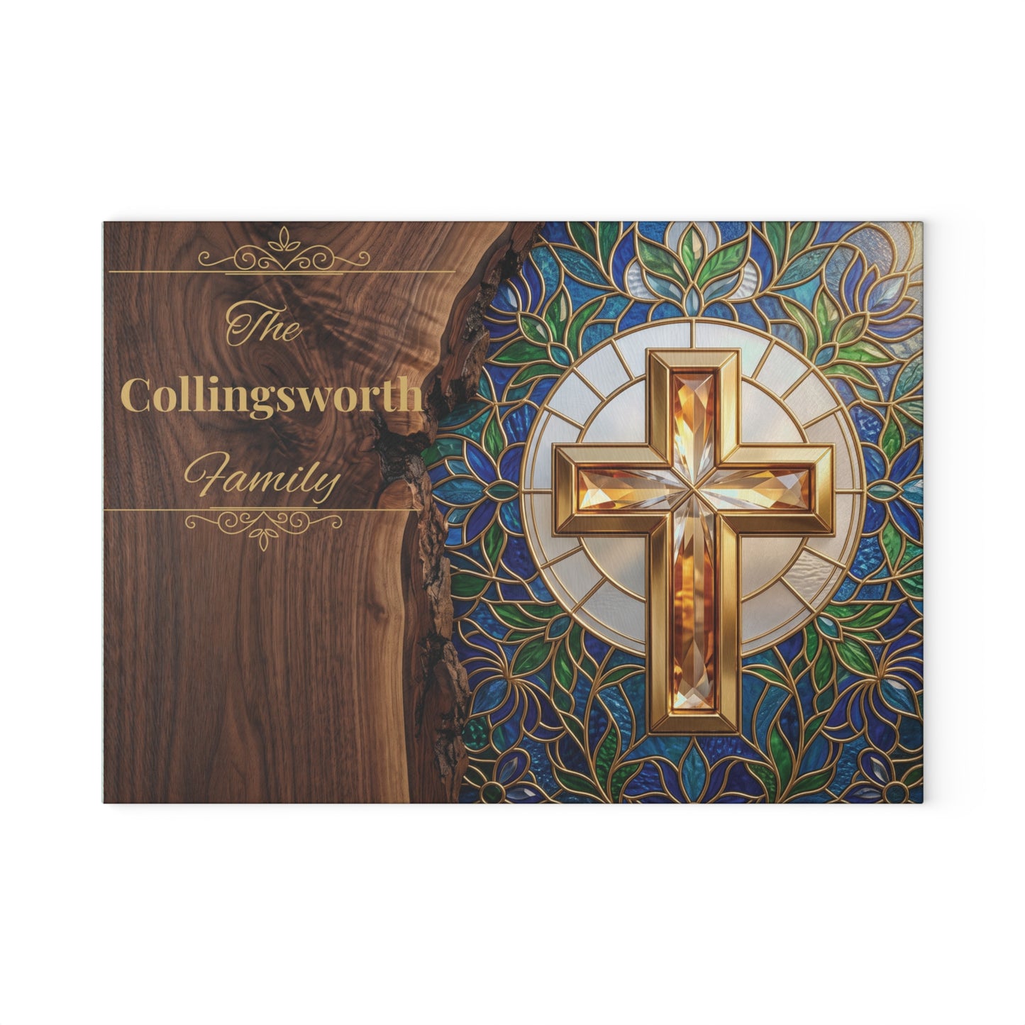 Personalized Christian Family Glass Cutting Board – Stained Glass Cross Keepsake