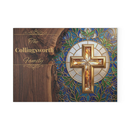 Personalized Christian Family Glass Cutting Board – Stained Glass Cross Keepsake