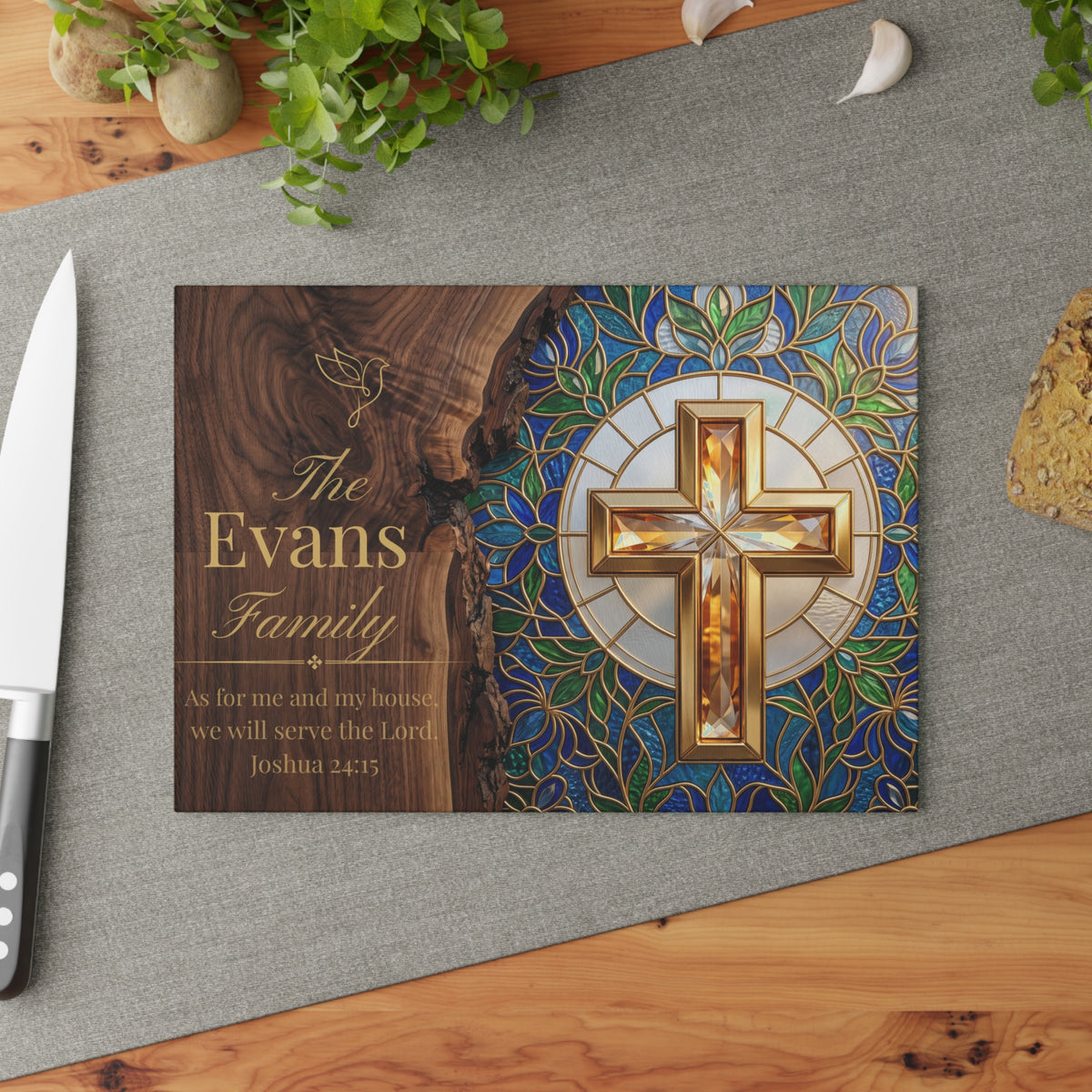 Religious Cross Glass Cutting Board – Personalized Family Name & Joshua 24:15 Kitchen Decor