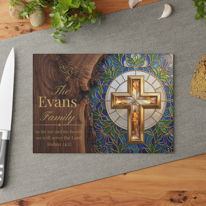 Religious Cross Glass Cutting Board – Personalized Family Name & Joshua 24:15 Kitchen Decor