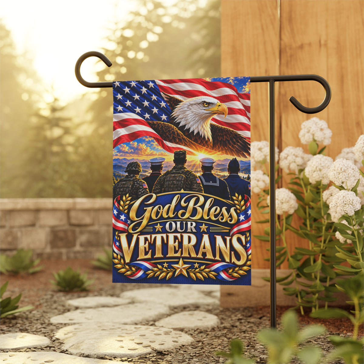 Veterans Garden Flag — "God Bless Our Veterans" Patriotic House Banner