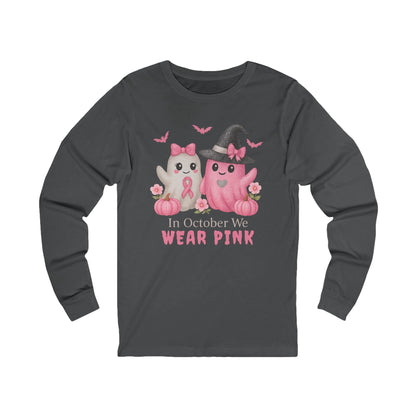 Unisex Long Sleeve Tee - Wear Pink for October, Breast Cancer Awareness, Cute Cat Design, Fall Fashion, Cozy Autumn Shirt