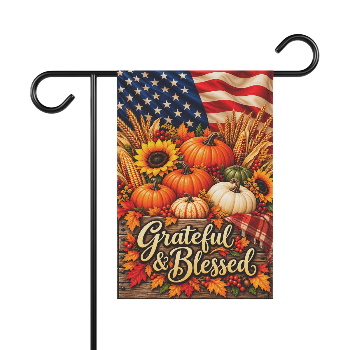 Grateful & Blessed Fall Garden Flag – Patriotic Pumpkin Autumn Welcome Banner