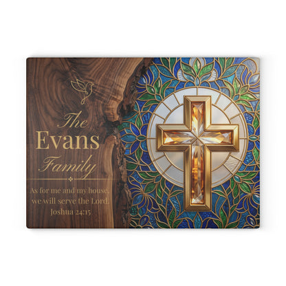 Religious Cross Glass Cutting Board – Personalized Family Name & Joshua 24:15 Kitchen Decor