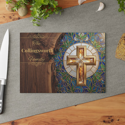 Personalized Christian Family Glass Cutting Board – Stained Glass Cross Keepsake