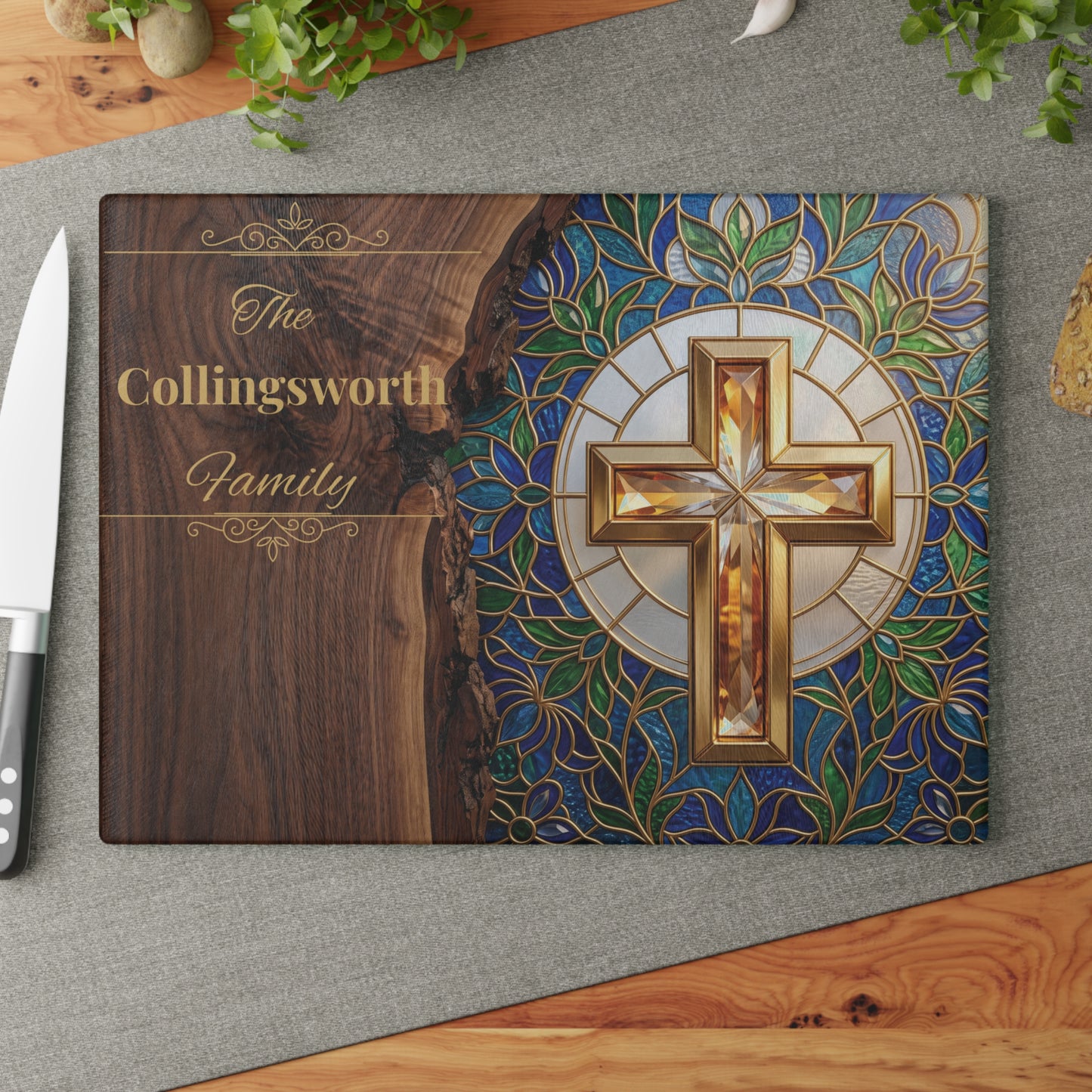 Personalized Christian Family Glass Cutting Board – Stained Glass Cross Keepsake