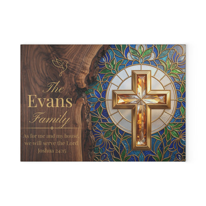 Religious Cross Glass Cutting Board – Personalized Family Name & Joshua 24:15 Kitchen Decor