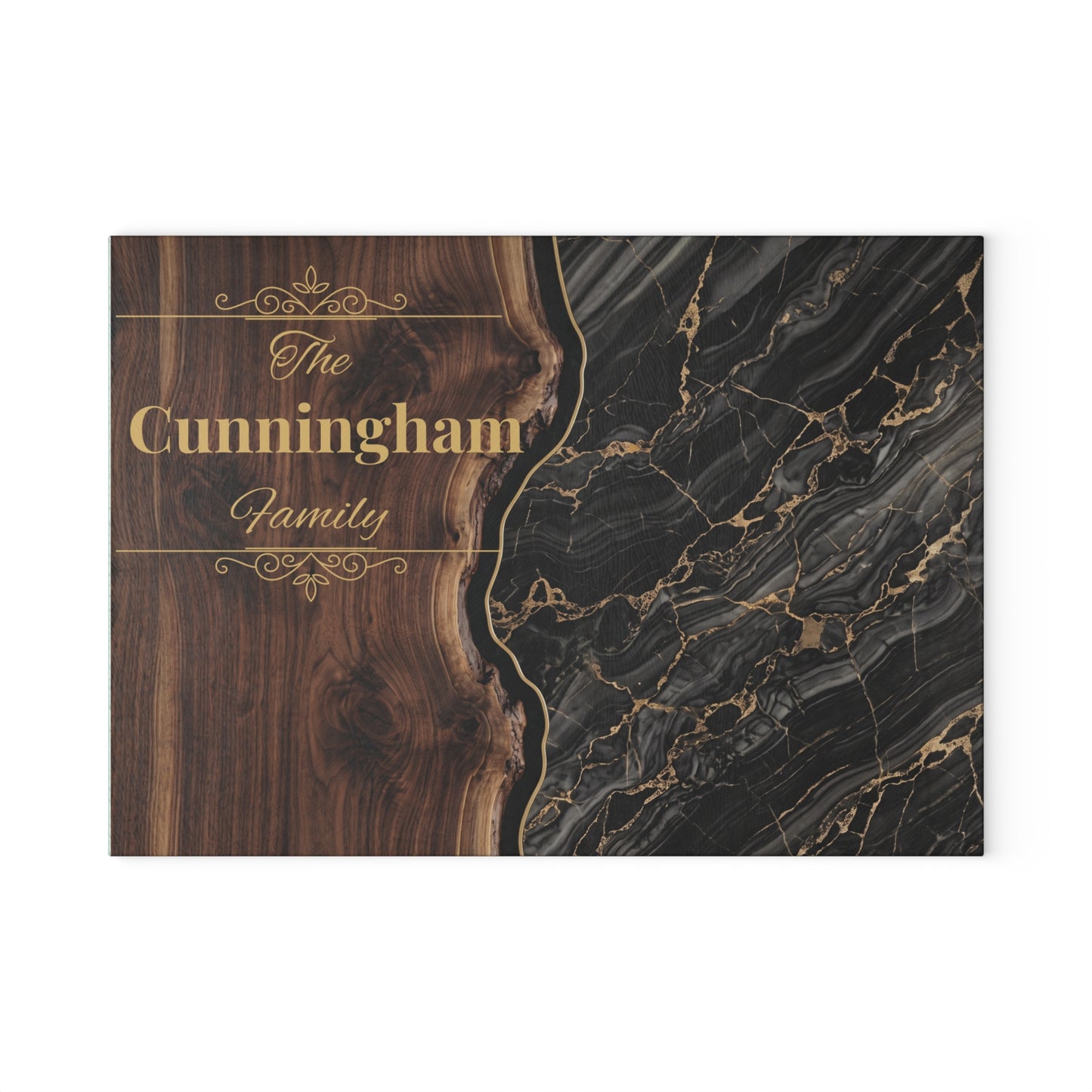 Personalized Family Name Cutting Board – Black Marble & Gold Glass Board