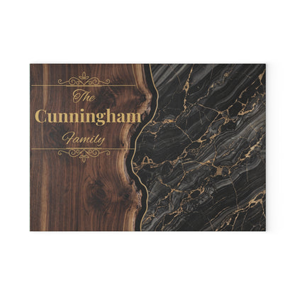 Personalized Family Name Cutting Board – Black Marble & Gold Glass Board