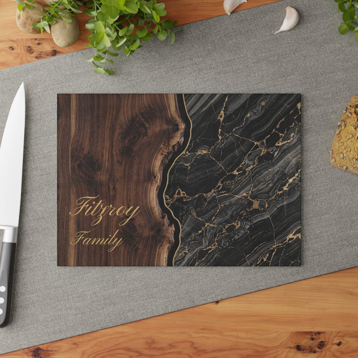 Personalized Marble & Walnut Glass Cutting Board — Custom 'Fitzroy Family' Design