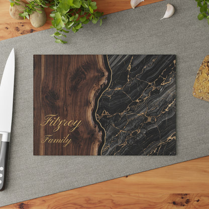Personalized Marble & Walnut Glass Cutting Board — Custom 'Fitzroy Family' Design