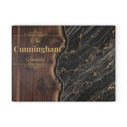 Personalized Family Name Cutting Board – Black Marble & Gold Glass Board