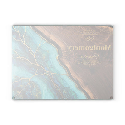 Personalized Family Name Cutting Board – Teal & Gold Glass Board