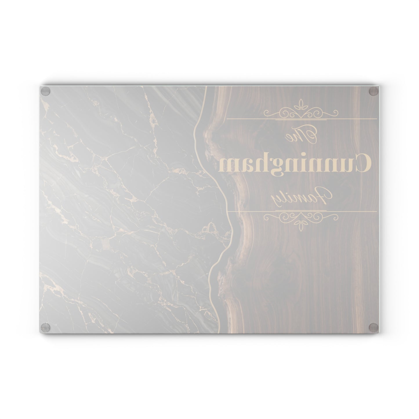 Personalized Family Name Cutting Board – Black Marble & Gold Glass Board