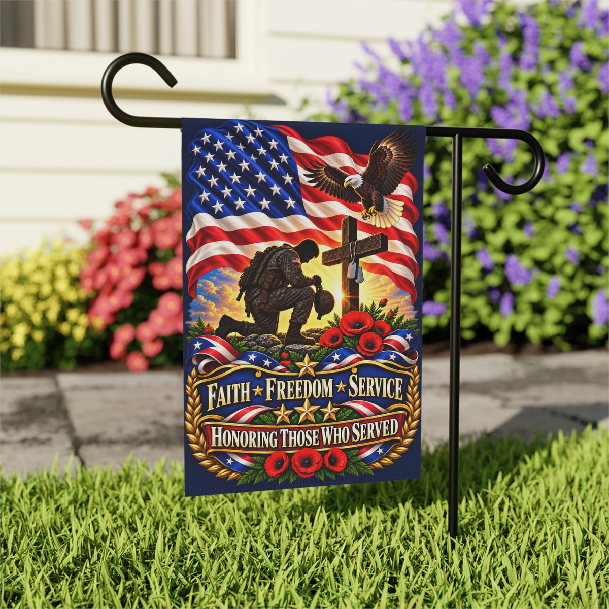 Memorial Military Garden Banner — "Faith • Freedom • Service" Patriotic Tribute