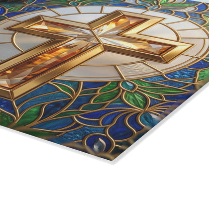 Religious Cross Glass Cutting Board – Personalized Family Name & Joshua 24:15 Kitchen Decor
