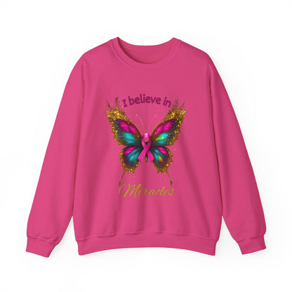 Uplifting pink-ribbon butterfly sweatshirt for faith, hope, and support. Cozy unisex fit—perfect gift for survivors, supporters, and Wear Pink season.