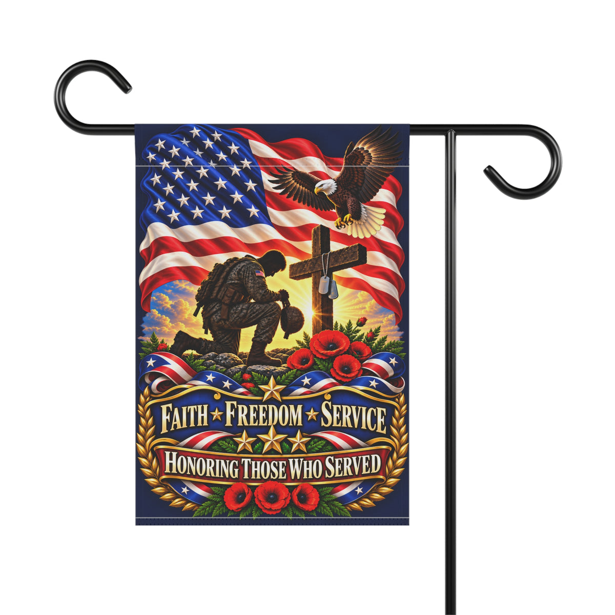 Memorial Military Garden Banner — "Faith • Freedom • Service" Patriotic Tribute