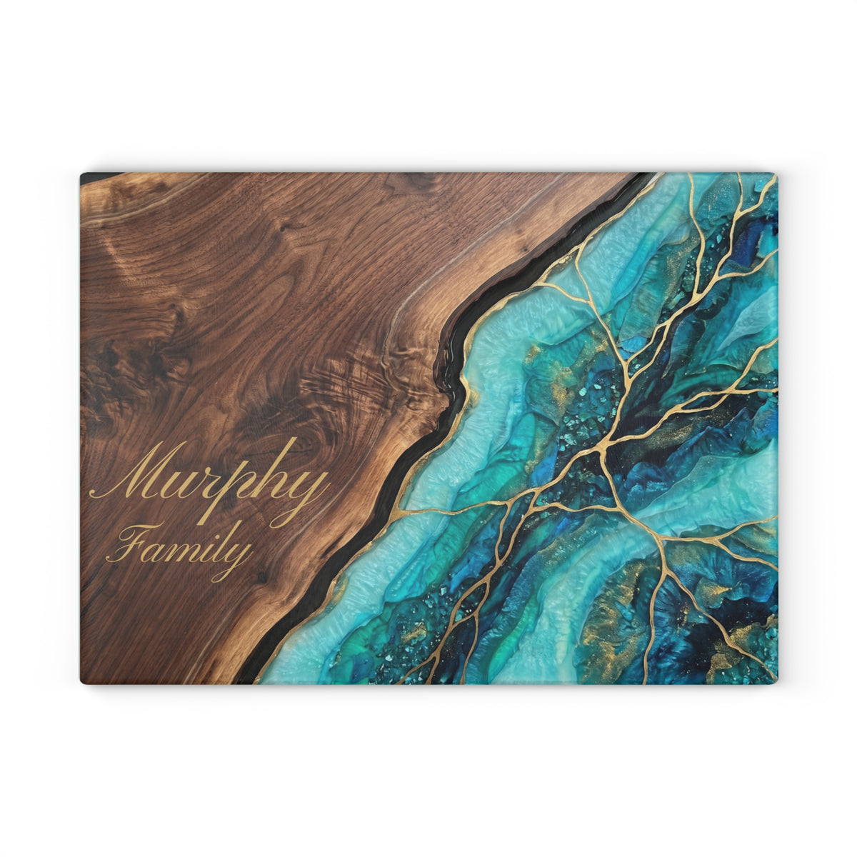 Personalized Teal Agate Glass Cutting Board - Custom Family Name