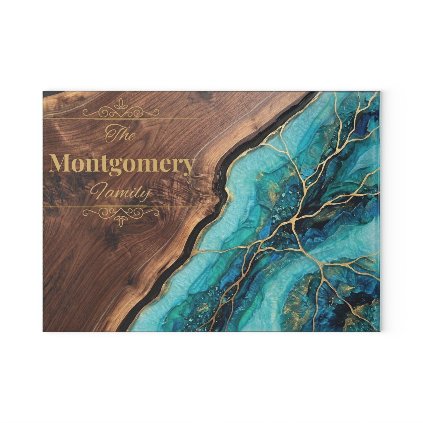Personalized Family Name Cutting Board – Teal & Gold Glass Board