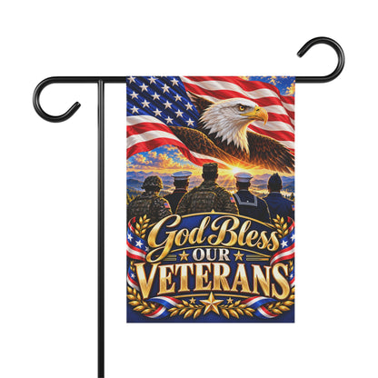 Veterans Garden Flag — "God Bless Our Veterans" Patriotic House Banner