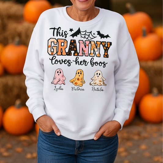 Personalized Granny  Loves Her Boos Halloween Sweatshirt – Custom TITLE AND  Ghosts with Kids’ Names, Fall Pumpkin & Ghost Print, Cute Spooky Granny Gift"