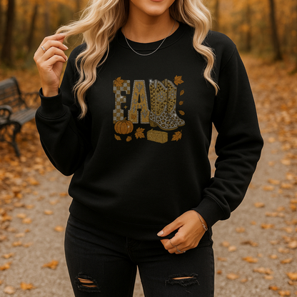 Glitter Fall Sweatshirt with Cowboy Boots – Western Autumn Outfit | Unisex Cozy Crewneck | Rustic Pumpkin Patch & Thanksgiving Sweater – 7 Color