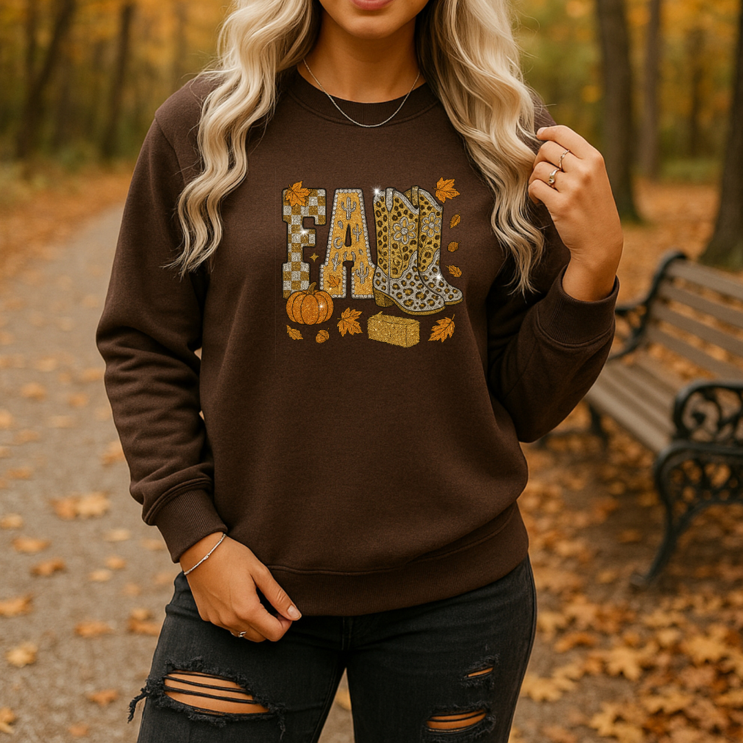 Glitter Fall Sweatshirt with Cowboy Boots – Western Autumn Outfit | Unisex Cozy Crewneck | Rustic Pumpkin Patch & Thanksgiving Sweater – 7 Color