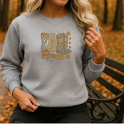 Glitter Fall Sweatshirt with Cowboy Boots – Western Autumn Outfit | Unisex Cozy Crewneck | Rustic Pumpkin Patch & Thanksgiving Sweater – 7 Color