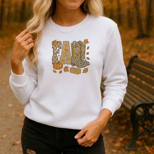 Glitter Fall Sweatshirt with Cowboy Boots – Western Autumn Outfit | Unisex Cozy Crewneck | Rustic Pumpkin Patch & Thanksgiving Sweater – 7 Color