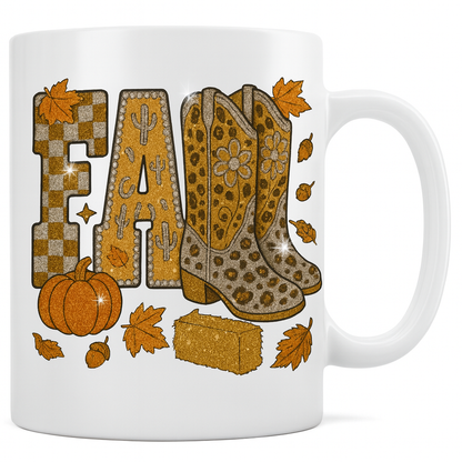 Glitter Fall Mug with Cowboy Boots – Autumn Coffee Cup | Western Pumpkin & Hay Bale Design | Thanksgiving Gift | 11oz White Ceramic Mug