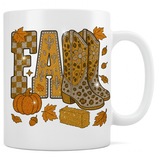 Glitter Fall Mug with Cowboy Boots – Autumn Coffee Cup | Western Pumpkin & Hay Bale Design | Thanksgiving Gift | 11oz White Ceramic Mug