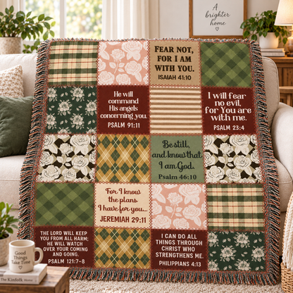 Christian Scripture Patchwork Woven Blanket – Bible Verse Faith Throw