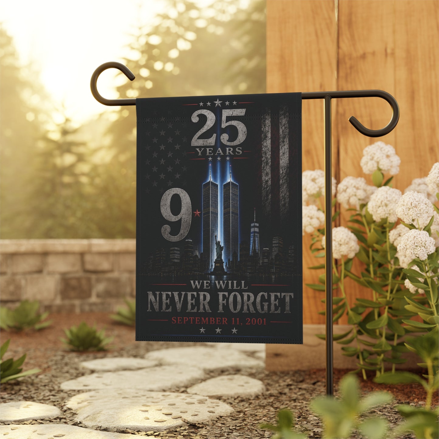 9/11 Never Forget Garden Flag — 25 Years Memorial Outdoor Banner