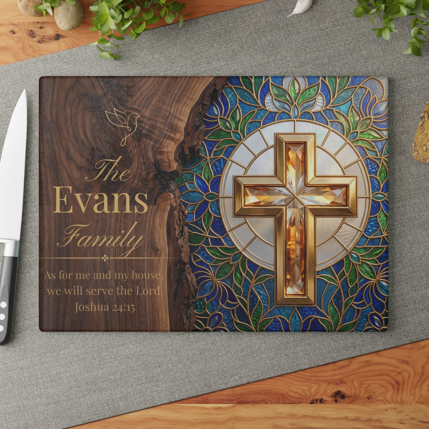 Religious Cross Glass Cutting Board – Personalized Family Name & Joshua 24:15 Kitchen Decor