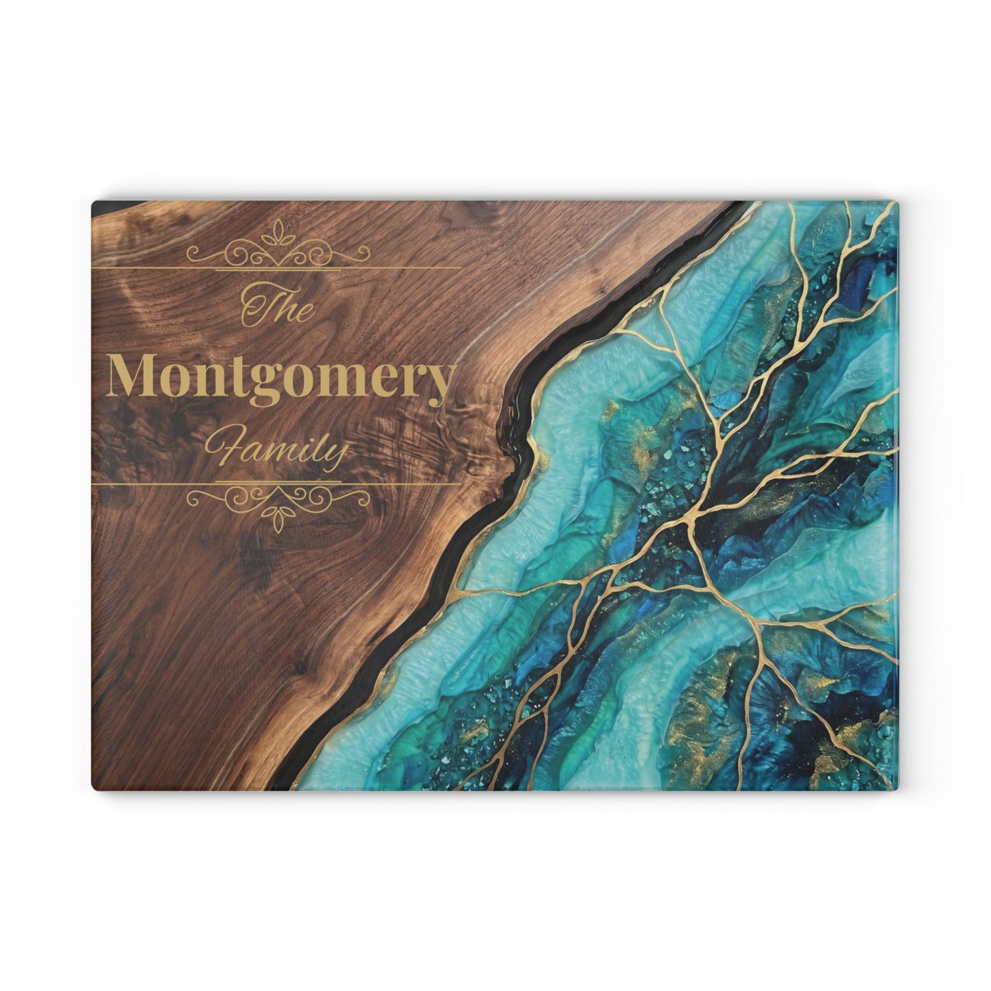 Personalized Family Name Cutting Board – Teal & Gold Glass Board