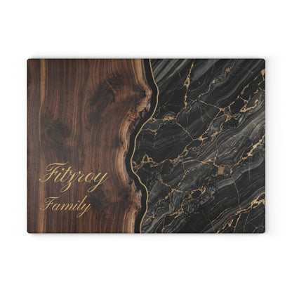 Personalized Marble & Walnut Glass Cutting Board — Custom 'Fitzroy Family' Design