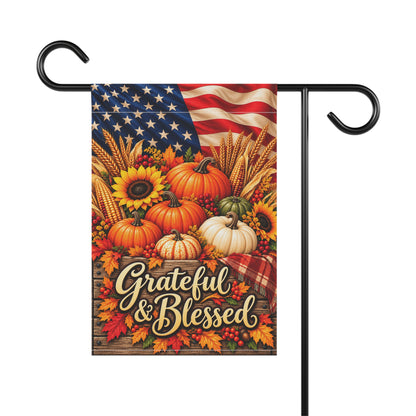 Grateful & Blessed Fall Garden Flag – Patriotic Pumpkin Autumn Welcome Banner