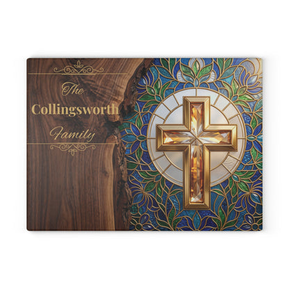 Personalized Christian Family Glass Cutting Board – Stained Glass Cross Keepsake
