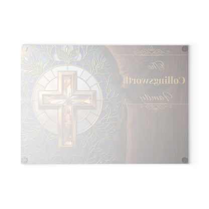 Personalized Christian Family Glass Cutting Board – Stained Glass Cross Keepsake