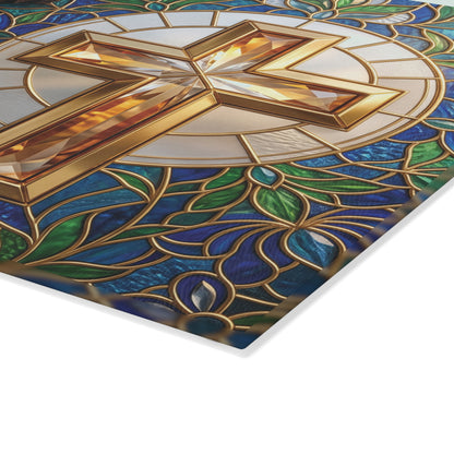 Personalized Christian Family Glass Cutting Board – Stained Glass Cross Keepsake