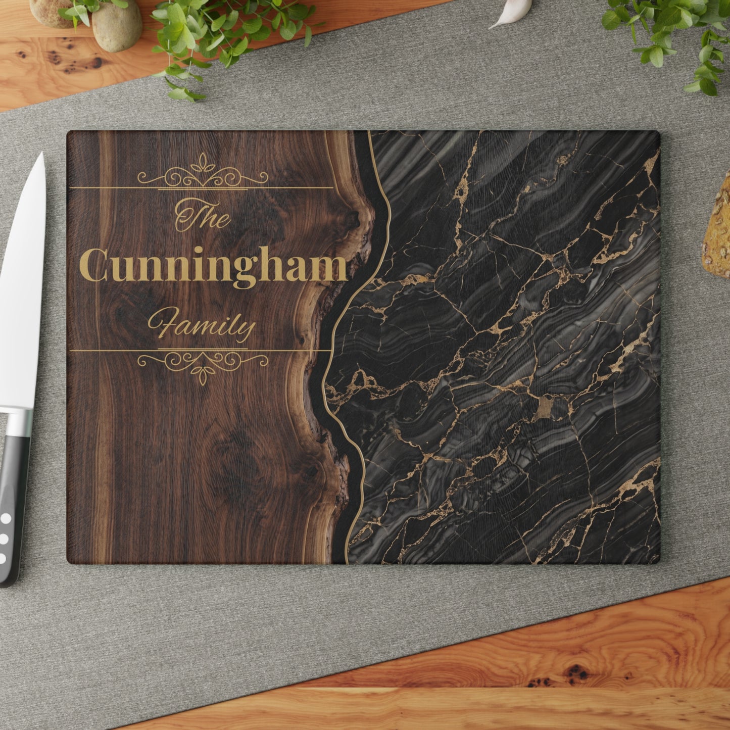 Personalized Family Name Cutting Board – Black Marble & Gold Glass Board