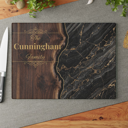 Personalized Family Name Cutting Board – Black Marble & Gold Glass Board