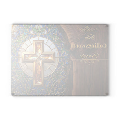 Personalized Christian Family Glass Cutting Board – Stained Glass Cross Keepsake