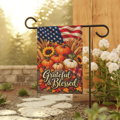 Grateful & Blessed Fall Garden Flag – Patriotic Pumpkin Autumn Welcome Banner